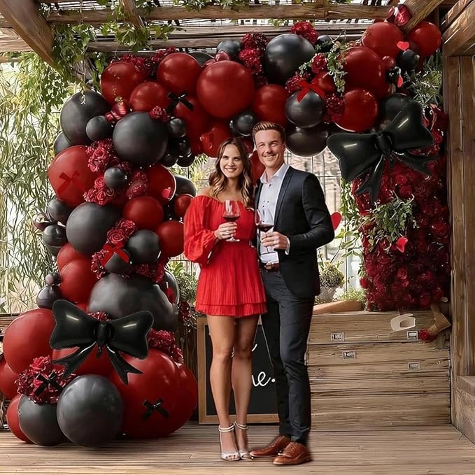 Dark Red Black Balloon Arch Kit with Bow, Double Stuffed Burgundy Black Red Maroon Balloon Garland for Birthday Baby Shower Anniversary Wedding Graduation Valentine‘s Day Party Decoration