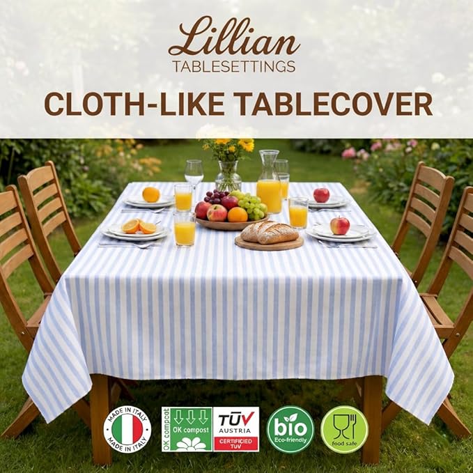 Party Dimensions Made in Italy Cloth-Like Disposable Tablecloth for Rectangle Tables, Premium Airlaid Linen-Feel Table Cover, Luxury Tablecloth for Parties, Events & Weddings, Elegant Striped Design