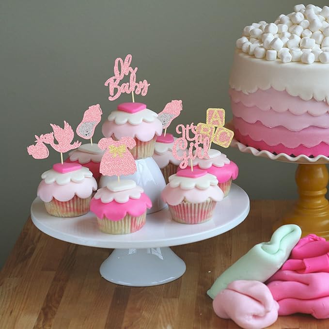 24Pcs Baby Shower Oh Baby Cupcake Toppers with Bow Dress Bottle Swan Pink Glitter It's a Girl Cake Picks Decorations for Baby Shower Gender Reveal Girls Birthday Party Supplies