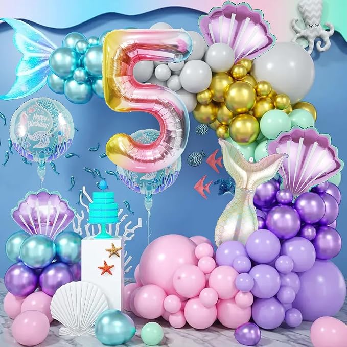 Mermaid Birthday Decorations Mermaid Balloons - Number 5 Balloons for Girls Under The Sea Mermaid Theme Baby Shower Birthday Favors