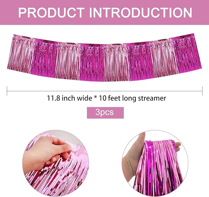BEISHIDA 3 Packs Metallic Foil Fringe Garland Pink Mix Wall Hanging Tinsel Fringe Banners for Car Floats Birthday Baby Bridal Shower Wedding Graduation Holiday Party Decoration(30 Feet)