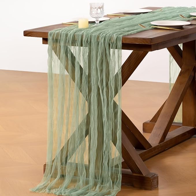 Socomi Sage Green Cheesecloth Table Runner Tulle Gauze Cheese clothBoho Rustic 120 inch 10FT Runner for Wedding Party Baby Shower Birthday Holiday Decorations 1pc