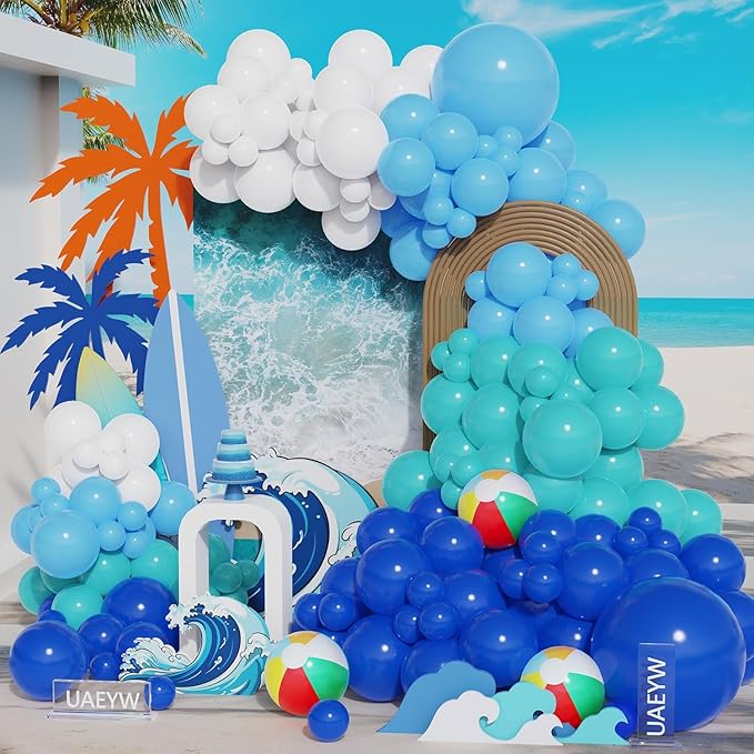 Ocean Wave Surf Theme Party Decorations, 147 Pcs Teal Blue White Balloon Garland Arch Kit with Inflatable Beach Balls for Summer Beach Pool Hawaiian Birthday Baby Shower
