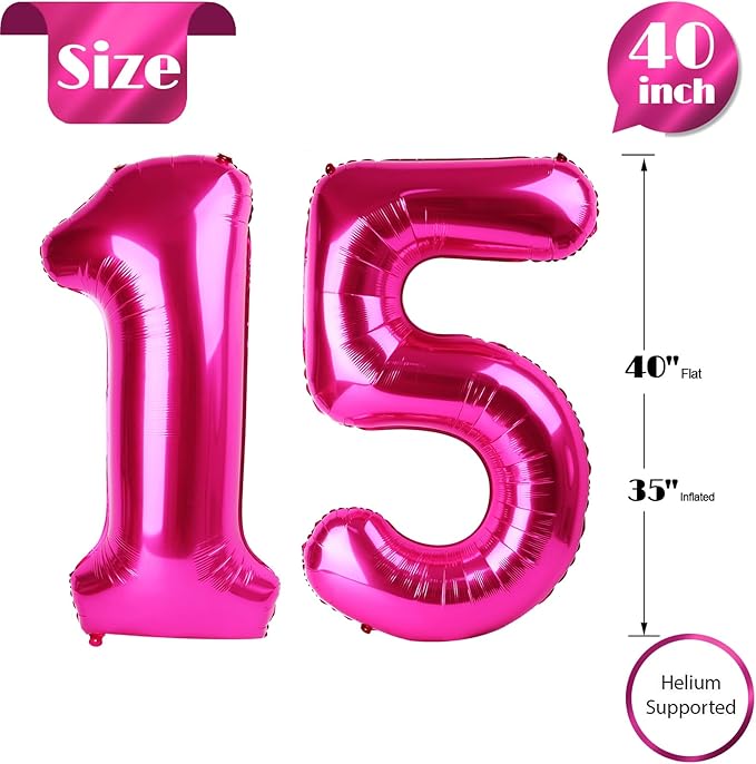 Hot Pink Number 15 Balloons 40 inch, 15 Number Balloons, 15th Birthday Decorations for Girls 15 Year Old Hot Pink Party Supplies