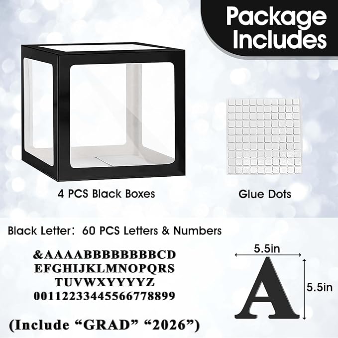 Ledido 2026 Graduation Balloon Boxes Decorations, 4 Pieces Black Clear Grad Balloon boxes with Letters, Class of 2026 Graduation Party Supplies for College, High School, Prom, Birthday, Baby Shower