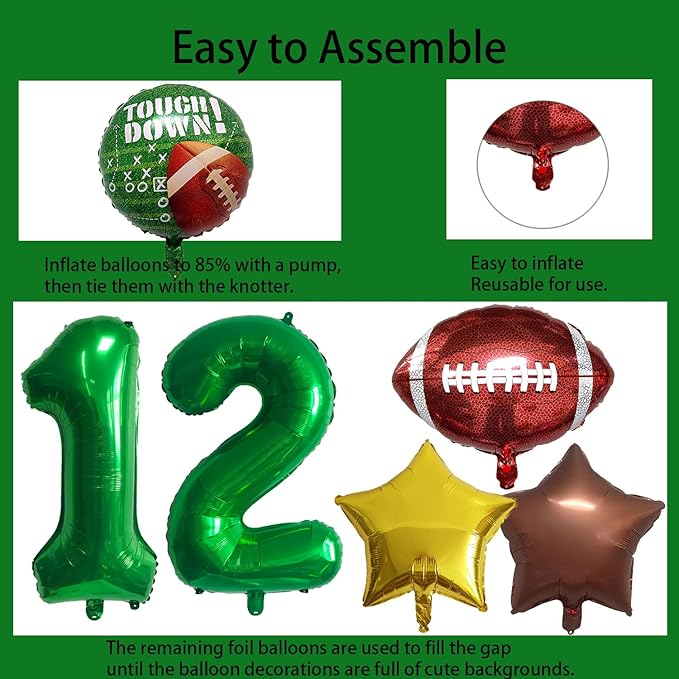 Football Balloons Foil Football Birthday Decorations Balloons Green Number 12 Balloon Gold Brown Star Touchdown Ballons for Rugby Birthday Decorations Sports Ballons Arch Kits Party Balloon Sets 10pcs