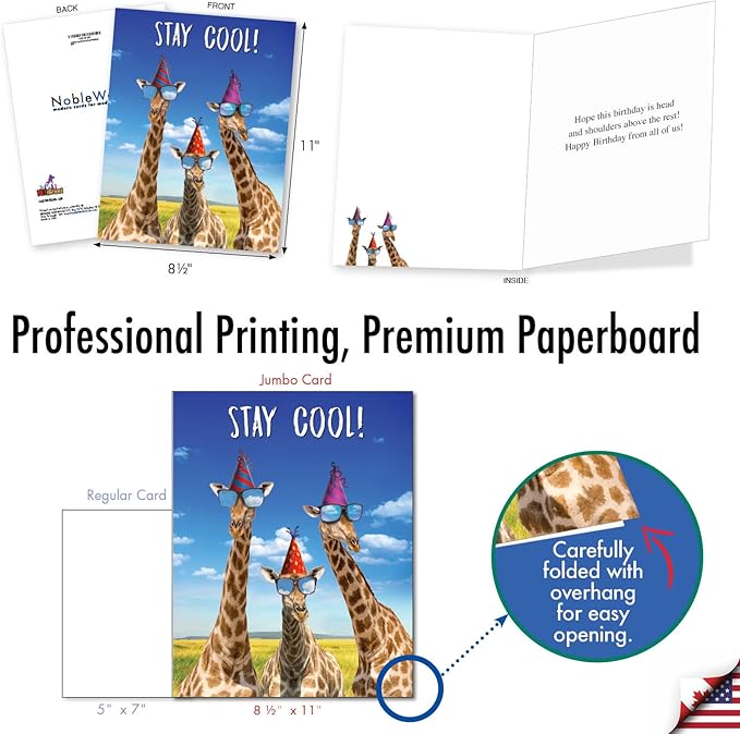 NobleWorks - Hilarious Happy Birthday Card with Envelope (8.5 x 11 Inch) - Funny Animal Greeting Card From All Of Us - Cool Giraffe J6335BDG-US