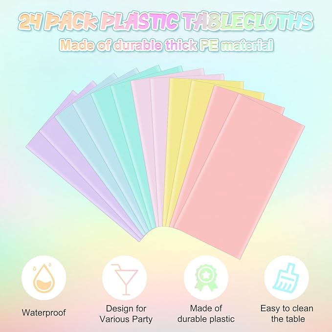 24Pcs 84 Inch Round Pastel Tablecloths, Rainbow Mix Color Plastic Tablecloth Disposable Round Table Covers for Baby Shower,Bridal,Wedding, Easter,Birthday and Ice Cream Party Decoration