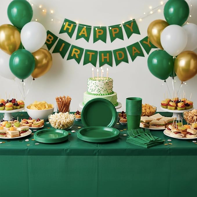 Green Plastic Plates for Party,100 Guest - 7&9inch Plates,Napkins,Forks,12 oz Cups & Tablecloths,Disposable Party Supplies for Birthday,Picnic,Christmas,Summer Activities