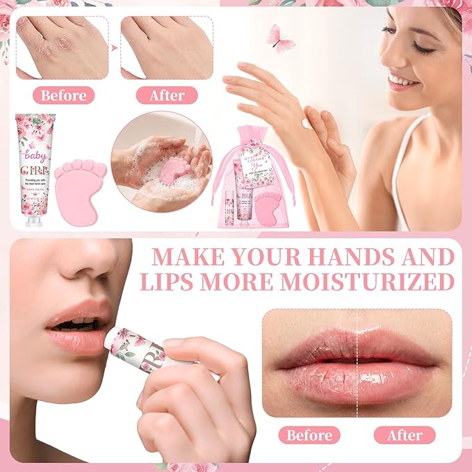 Loopeer 30 Set/150 Pcs Pink Flowers Baby Shower Favors for Guests Gifts Hand Cream Lip Balm Soap Party Favors Gifts Travel Size with Organza Bags, Thanks You Card for Baby Shower Birthday Wedding