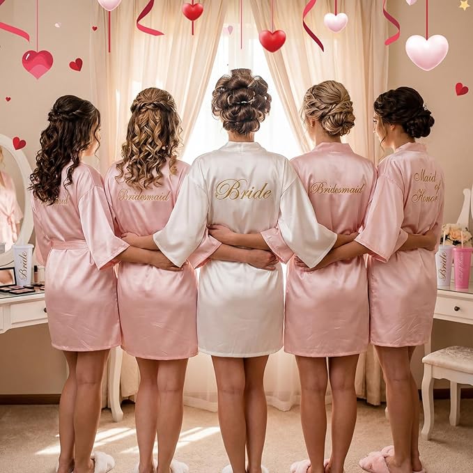 Bonuci 24 Pcs Bridesmaid Bride Robes Set of 8 Bridal Satin Robes Fluffy Slippers Drinking Cups for Wedding Bachelorette Party