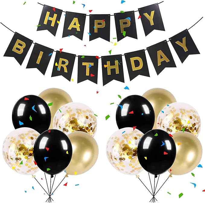 ZHENGYE Black Gold Party Decoration Happy Birthday Banner Sign Latex Confetti Balloons for Men Women Birthday Party Decoration Supplies