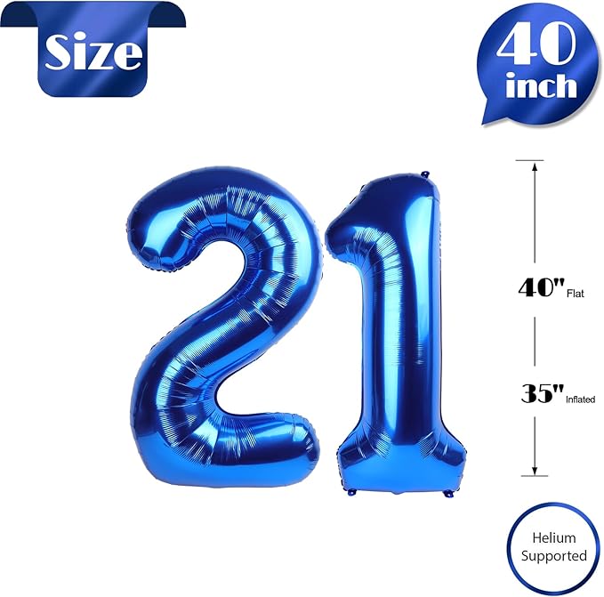 21 Balloon Number, Metallic Blue Number 21st Birthday Balloons 40 Inch, 21 or 12 Years Old Metallic Blue Birthday Decorations for Men Women Him Her, 21st Anniversary Decorations