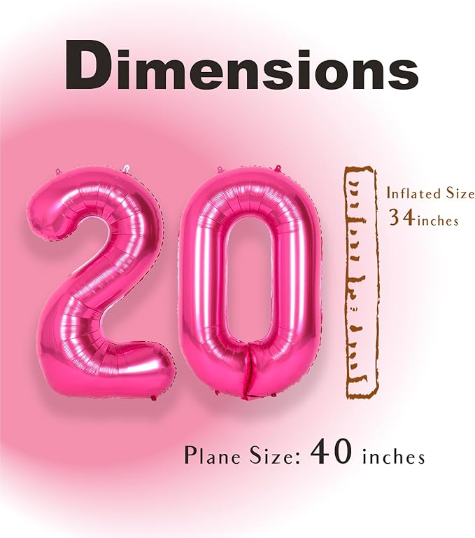 SUWEN 40 Inch Hot Pink Large 20 Number Balloons Big Foil Helium Number Balloons 0-9 Jumbo Happy 20th Mylar Birthday Party Decorations for Women Anniversary Party Supplies