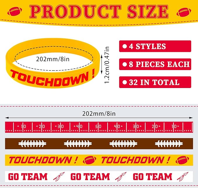 Deekin 32 Pcs Football Wristband Silicone Bracelets Football Party Favor Bracelet Motivational Rubber Bracelets for Men Women Fan Party Favors Sport Theme Birthday Supplies Gifts(Bright)