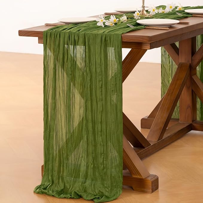 Socomi 3pcs Campsite Green Easter Spring Cheesecloth Table Runner Boho Rustic Gauze 120 inch 10FT Cheese Cloth Runner for Wedding Party Baby Shower Birthday Home Decor Holiday Decorations