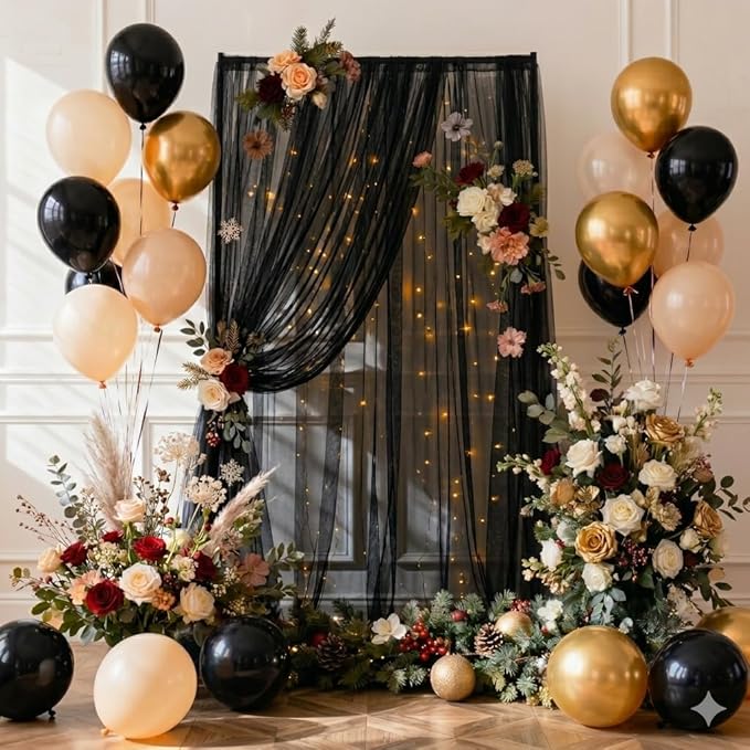 Black Backdrop Curtain - 10 * 8FT Tulle Backdrop Curtain with Lights String for Birthday Decorations - Sheer Backdrop Curtains for Weddings Baby Shower Celebration Happy Anniversary Decorations