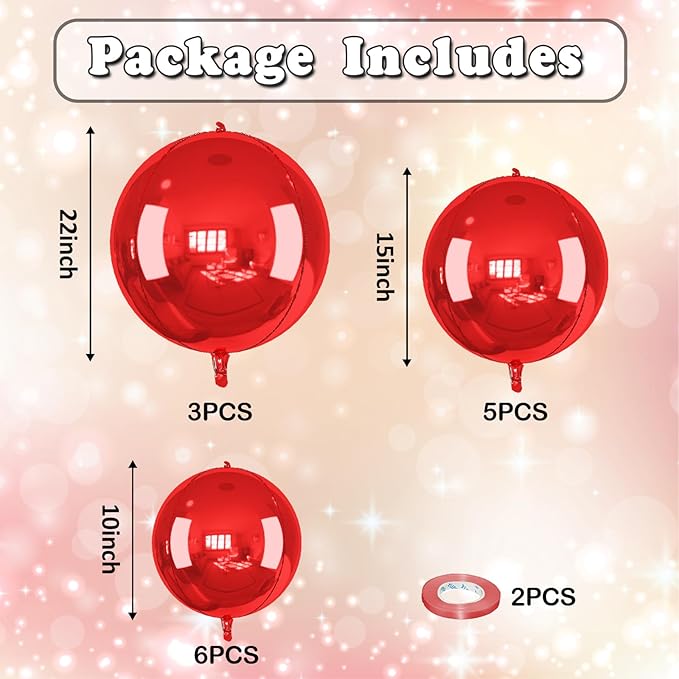 14 Pcs Red Round Foil Balloons 22/15/10 4D Ball Balloons Metallic Dark Red Balloon Ornament Mylar Balloon Chrome for Valentine's Day Birthday Graduation Wedding Anniversary Disco Party Decor