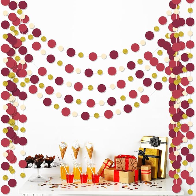 Outus 5 Pieces Maroon,Gold Round Dots Garland Easter Graduation Party Hanging Decor Each Length 13.1ft Glitter Paper Dot Streamers for Birthday Wedding Classroom
