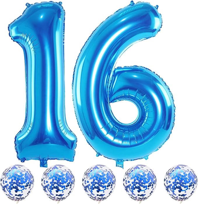 Blue 16 Birthday Balloon Numbers, 40 Inch Large Foil Number 1 & 6 Balloons with Blue Confetti Helium Balloons, 16th 61st Birthday Balloons for Boys Girls Men Anniversary Baby Shower Party Decorations