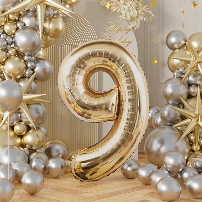 AULE 40 Inch Large 9 Balloon Numbers Light Gold, Big Foil Number Balloons, Giant Helium Happy Birthday Party Decorations for Man and Women, Huge Mylar Anniversary Party Supplies