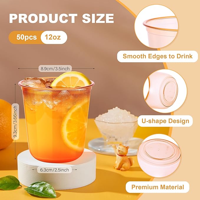 KesaPlan 50 Pcs Halloween Fall Orange Plastic Cups, 12 oz Disposable Stemless Wine Glasses, Plastic Cocktail Glasses for Juices Coffee Soda, Round Bottom Party Cups for Thanksgiving Wedding Party