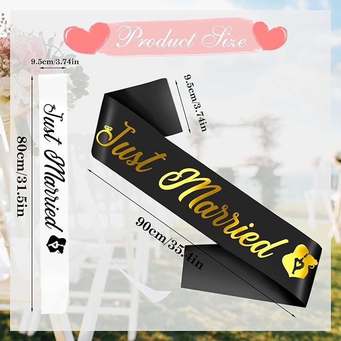 "Just Married - 2 Pcs Bride to Be Sash and Groom to Be Sash Kit, Black White Bachelorette & Bachelor Party Sashes for Wedding Bridal Shower Decorations Engagement Gifts