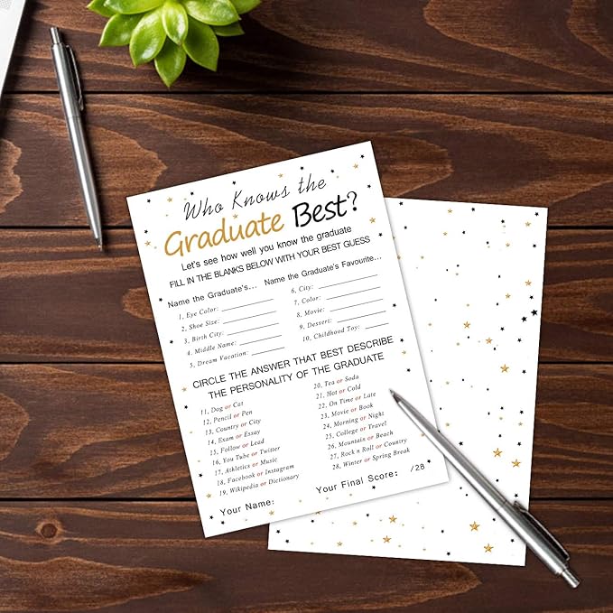 Fibevon Graduation Party Game Cards - Who Knows The Graduate Best (36-Pack)- Graduation Party Collection Grad Celebration Party Supplies for High School/College/Senior School