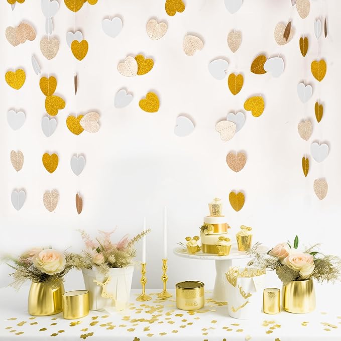 GCQQ White Champagne Gold Heart Garlands - 52Ft Glitter Gold Valentines Day Decorations Garland 4 Packs Paper Heart Hanging Streamers for Bridal Shower Valentine's Day Anniversary Wedding Decor