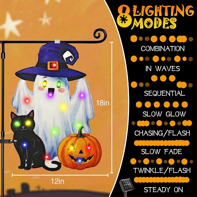Lighted Shaped Halloween Garden Flags, 8 Modes Double-Sided Cute Solar Halloween Decorations Outdoor LED Flag, Yard Decorations for Patio Lawn Home Door Porch (Ghost Multicolor, 12x18)