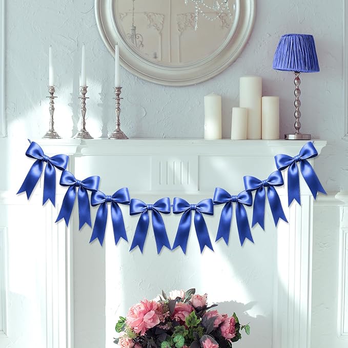 2 Strings of 16PCS Navy Blue Bow Garlands Banner Decoration,Pre-Strung Satin Ribbon Ornaments for Birthday,Bachelorette Party,Bridal Shower,Wedding,Engagement,Baby Shower,Graduation Decor,Anniversary