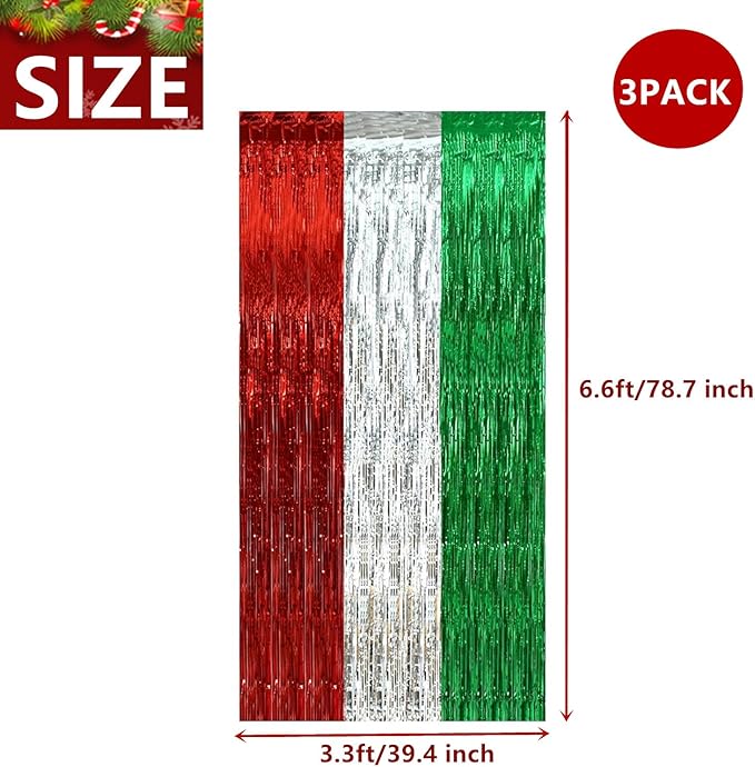 3 Pack Christmas Foil Fringe Curtains, 3.3 x 6.6 ft Red Silver Green Tinsel Fringe Party Photo Backdrop for Christmas, New Year,Ugly Sweater Party Decorations