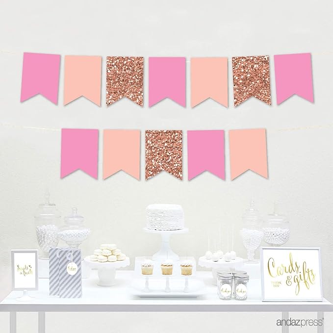 Andaz Press Hanging Pennant Banner with String, Faux Rose Gold Glitter, Peach, Pink, 1-Set, 24 Pennants, Approx. 12-Feet Long, Girl's 1st Birthday Baptism Communion Theme Colored Supplies