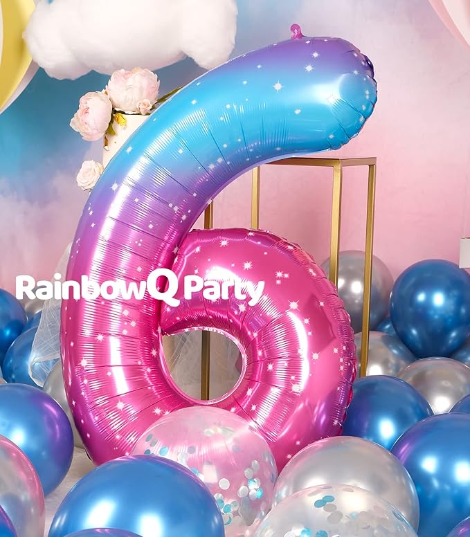 6 Balloon Number 40 Inch for Boy or Girl Big Starry 0-9 Foil Mylar Large 6 Number Balloon Happy 6th Birthday Party Anniversary Decorations Supplies