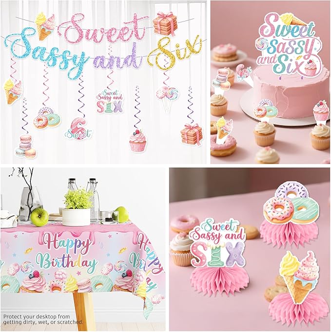 330pcs Sweet Sassy and Six Birthday Decorations with Tableware Set, Banner, Hanging, Tablecloth, Cake Topper, Centerpieces, Balloon, for 6 Year Old Girl Birthday Decorations, Serves 50