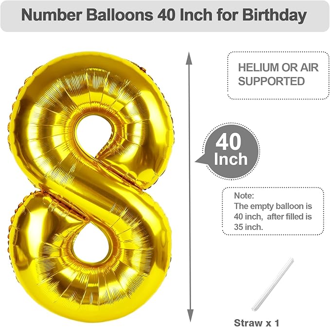 18 Gold Number Balloons, 40 Inch Balloons for Woman Man 18th Birthday Party Decoration, Foil Number Ballon for 18, 81 Anniversary, Bridal Shower, Graduation, Valentine's Day, Mother's Day, Easter