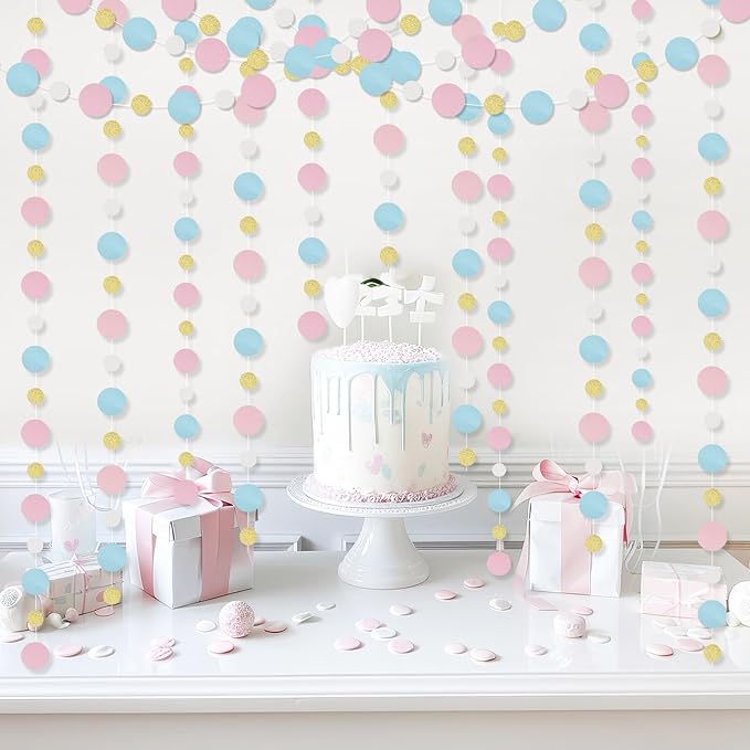 Outus 5 Pieces Pink,Blue,Gold,White Round Dots Garland Easter Graduation Party Hanging Decor Each Length 13.1ft Glitter Paper Dot Streamers for Birthday Wedding Classroom