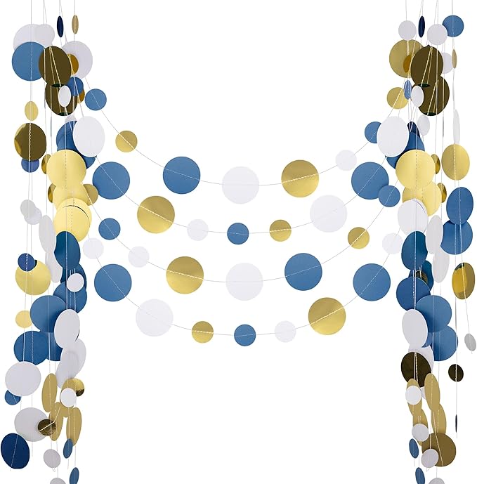 52FT Party Garlands, Paper Garland Circle Dots, Hanging Circle Banner Decorations for Birthday, Party, Wedding, Baby Shower, Graduations, Christmas, Wall Decor (Gold White Blue Garlands)