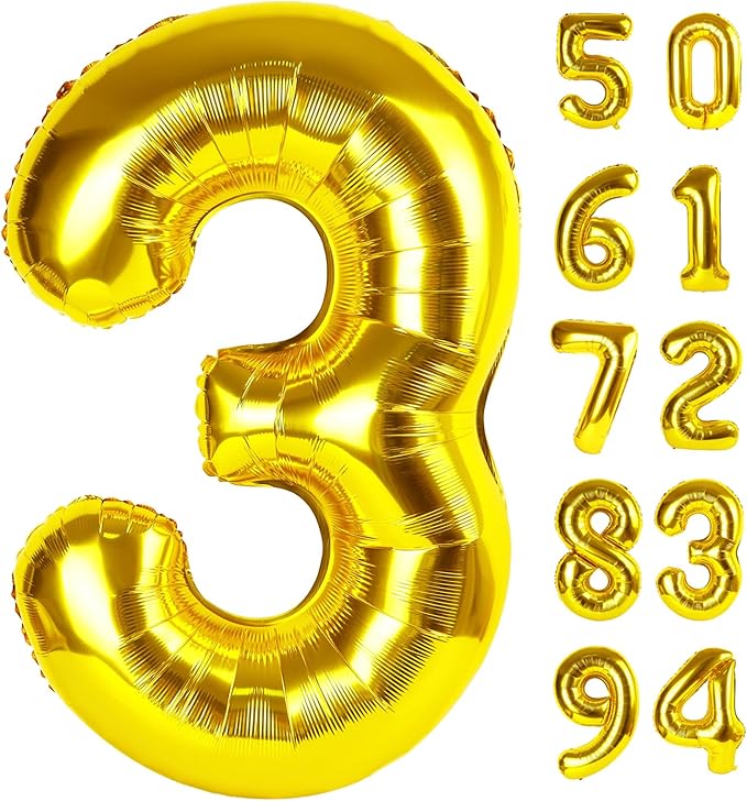 Gold 3 Balloon, Number Balloon 40 Inch, 3rd Three Year Old Birthday Deco, Gold Party Supplies for Party Decorations, Number 3 Balloon