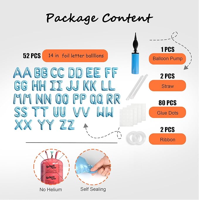 52 pcs Baby Blue Foil Letter Balloons with Air Pump, 16 Inch 2 A-Z Sets - Mylar Alphabet Balloon Kit for Birthday Banner & Party Decorations