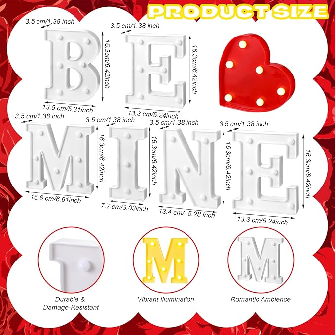 Honoson 7 Pcs Valentines Day Decoration, Be Mine Light up Sign Romantic Heart LED Letters Lights for Valentine Day Engagement Confession Proposal Boyfriend Girlfriend Lover Special Night Party Decor