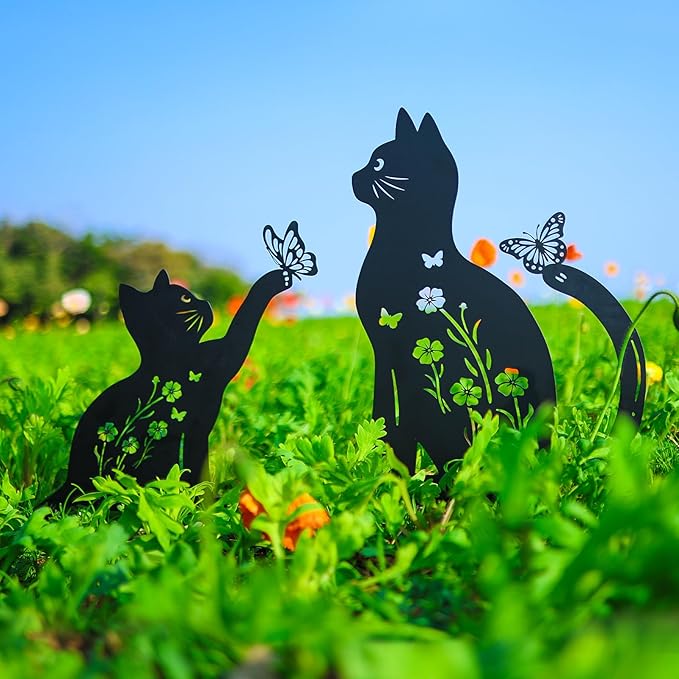 Cat Metal Decorative Garden Stakes,Gifts for Women/Men/Cat Lovers,Black Silhouette Statues Spring Garden Decor for Outdoor, Yard Art, Outside,Patio,Forests,Lawn Ornaments