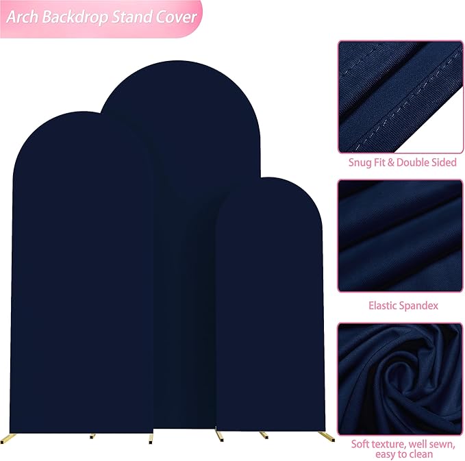 Wokceer Wedding Arch Backdrop Cover 6FT, 5FT, 4FT Set of 3 Spandex Fitted Navy Blue Arch Covers for Round Top Chiara Backdrop Stands Cover for Birthday Party Ceremony Decor