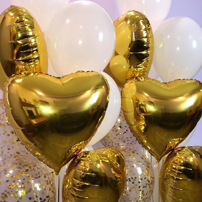 Gold Heart Foil Balloons - 10PCS Heart Shaped Valentines Decorations, 18inch Love Balloons for Helium Wedding, Birthday, Anniversary