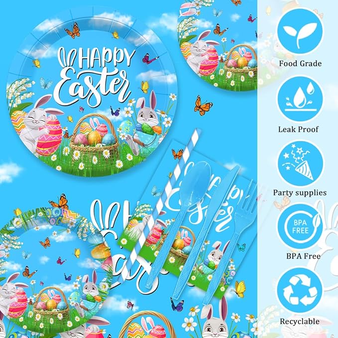 193pcs Happy Easter Party Decorations Easter Paper Plates and Napkins, Cup, Tablecloth, Tableware, Spring Bunny Egg Disposable Dinnerware Party Supplies Serve 24 Guests