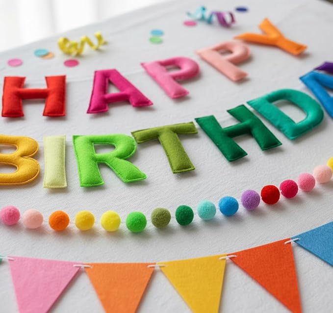 3D Happy Birthday Banner Set – Pre-Strung Reusable Rainbow Happy Birthday Decorations with Felt Ball Garland, Triangle Flag Bunting & Colorful Circle Hanging Banner for Wall Window Garden Party Supply