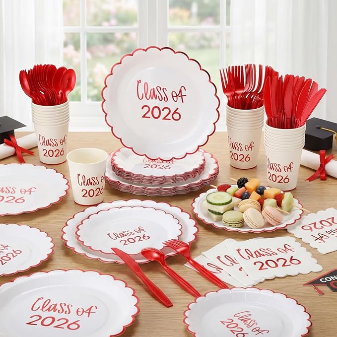 Class of 2026 Graduation Party Supplies, 175 Pcs Congrats Grad Paper Plates Napkins and Cups Cutlery Disposable Tableware Set for College High School Congrats Decorations, Serves 25(Red)