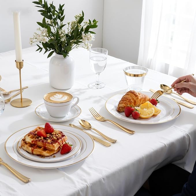 175PCS White and Gold Plastic Plates - Gold Plates with Rolled Napkins for Party - 25Guest Disposable Dinnerware Sets for Wedding Baby Shower Spring Birthday