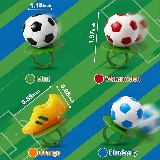 Soccer Themed 3D - Ring Lollipops 18 pk Assorted Fruit Flavors, Soccer Ball & Golden Boot Shaped Lollipop Ring Candy Suckers Individually Wrapped Bulk, Sports Candy Snacks for Party Treats Goodie Bags