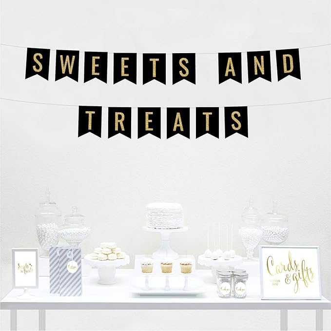 Andaz Press Faux Gold Glitter on Black Party Banner Decorations, Sweets and Treats, Approx 5-Feet, 1-Set, Birthday Wedding Baby Shower Colored Hanging Pennant Decor